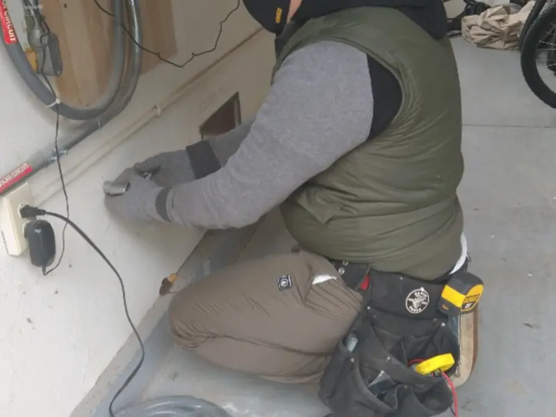 Electrician performing outlet wiring in a Windsor garage